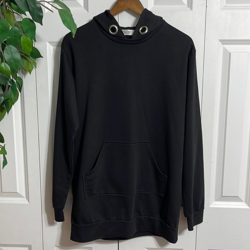 CHAOS Black Hoodie Sweatshirt Long Sleeve Pullover Grommet Detail‎ Size S/M